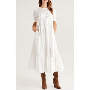 Melloday White Eyelet Tiered Maxi Dress Womens Medium Boho Puff Sleeve Crochet